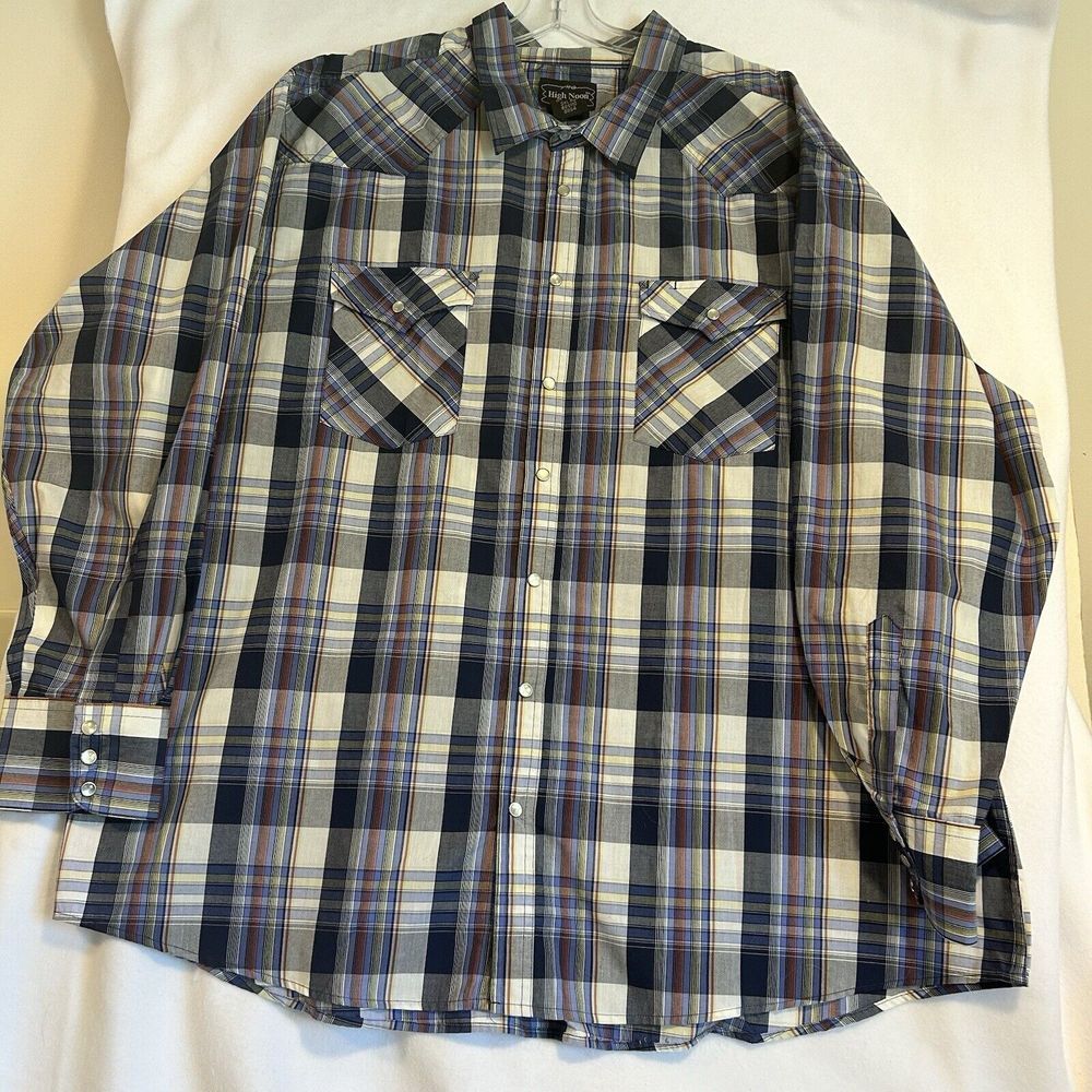 High Noon Mens Western 3XL Pearl Snap Long Sleeve Blue Green Red Plaid Shirt